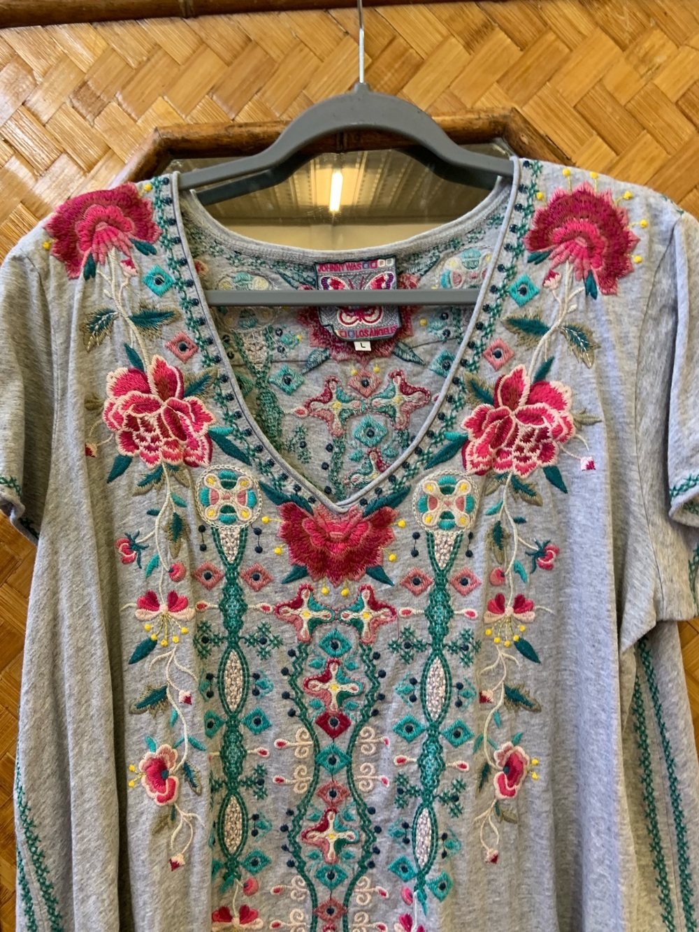 Johnny Was Gray Embroidered V-Neck Tunic with Pink Floral Accents - Picture 2 of 8